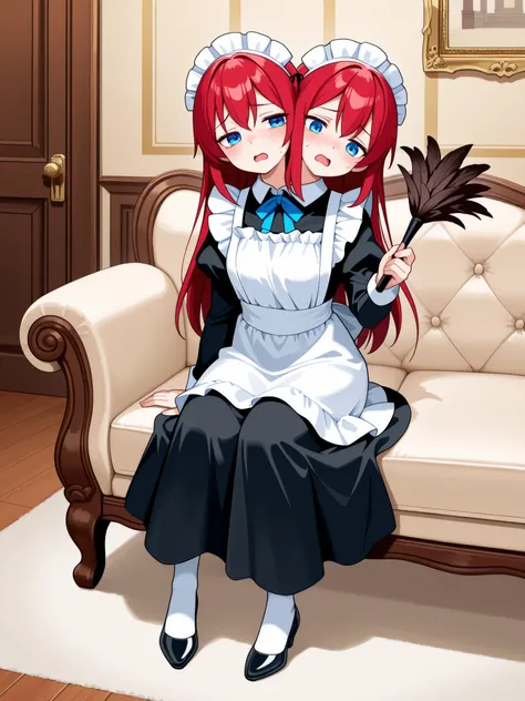 two heads, anime girl with two heads, red hair, blue eyes, busy expression, maid outfit, holding a feather duster, sitting on a mansion living room couch, exhausted, open mouth