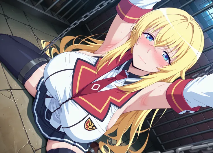 solo,masterpiece,best quality, amazing quality, highres, absurdres, very aesthetic, high resolution, ultra detailed, perfect details,Yurishia Farandole (character), Yurisia school uniform outfit, 1girl, solo, thighhighs, skirt, blonde hair, long hair, zett...