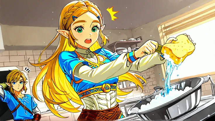 1girl, princess zelda, battle uniform, kitchen background, she is holding an sponge, Washing dishes, battle pose,1boy, link on beheind, he is holding more plates, she is surprised, he is desconsetrating, masterpiece, score_9, score_8_up, score_7_up, high r...