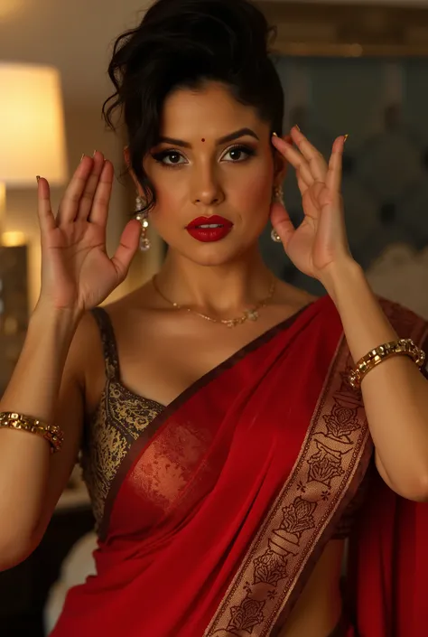 wolf cut hairstyle erotic Indian wife, ultra realistic, super big lips red lipstick, super erotic body saree bra chubby body, hands up 