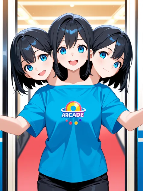 three heads, anime girl with three heads, short black upswept hair, blue closed, happy, blue t-shirt, casual pose, black pants, arcade entrance