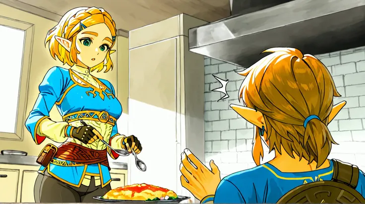 1girl, princess zelda, battle uniform, kitchen background, she is holding an spoon, preparing an dinner, battle pose,1boy, link on beheind, he is holding more plates, she is surprised, he is desconsetrating, masterpiece, score_9, score_8_up, score_7_up, hi...
