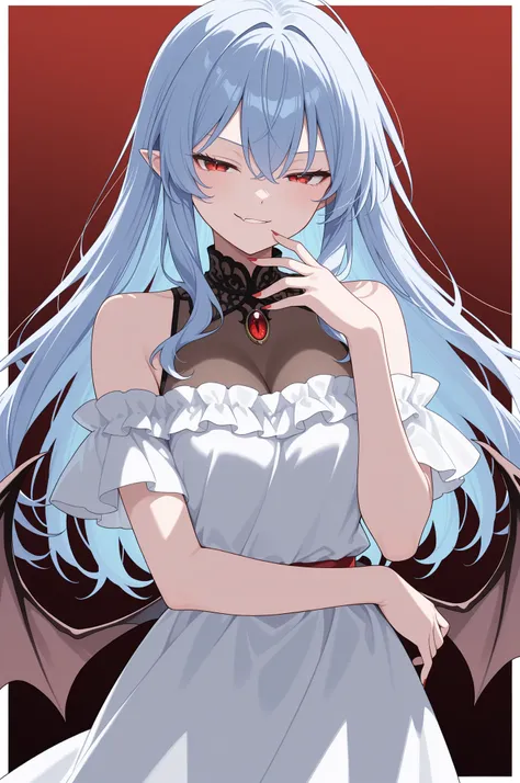 masterpiece, best quality, amazing quality, very aesthetic, safe, \(touhou\), (Remilia Scarlet), 1girl, aged up, half-closed eyes, smirk, [looking at viewer], ojou-sama pose, alternate hairstyle, long hair, straight hair, bangs, pointy ears, medium breasts...