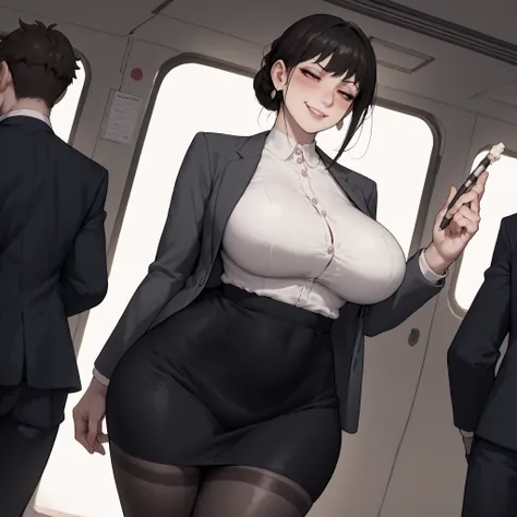 A mature and elegant Japanese woman with fair skin and long black hair tied in a neat traditional bun, with a few loose strands and soft, wispy bangs framing her face. She has a composed, adult look, her half-lidded eyes and gentle smirk giving off a subtl...