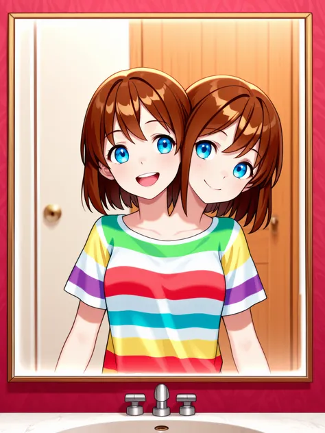 two heads, anime girl with two heads, brown hair, blue eyes, relaxed, happy, rainbow striped t-shirt, taking a picture of herself in a mirror