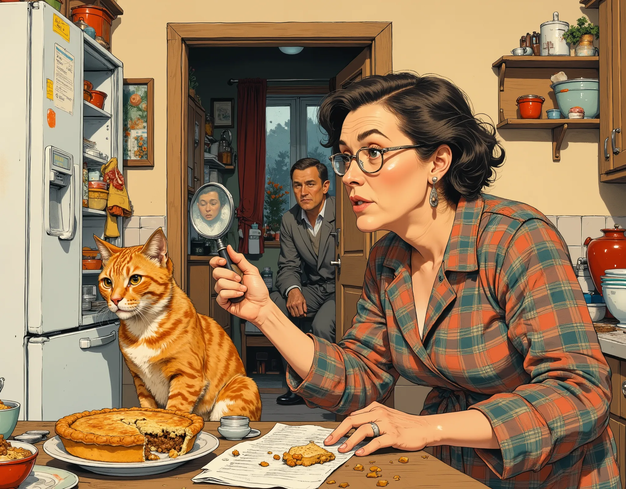 A stylized, slightly caricatured illustration in the spirit of Soviet cartoons or satirical magazines. In the foreground is an expressive 45—year-old woman (Ninel Frantsevna) in a plaid bathrobe, with a magnifying glass in her hand, examining a refrigerato...