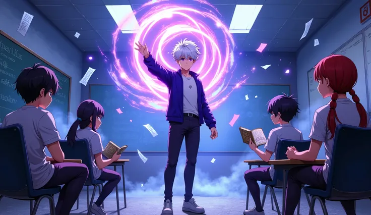 Create an anime-style scene of a white-haired high school boy with glowing violet eyes standing in the center of a classroom frozen in time. His hand is raised, releasing a swirling flame made of neon purple and blue energy. A glowing status window floats ...