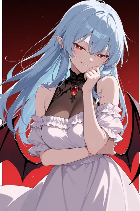 masterpiece, best quality, amazing quality, very aesthetic, safe, \(touhou\), (Remilia Scarlet), 1girl, aged up, half-closed eyes, smirk, [looking at viewer], ojou-sama pose, arm under breasts, alternate hairstyle, long hair, straight hair, bangs, white pu...