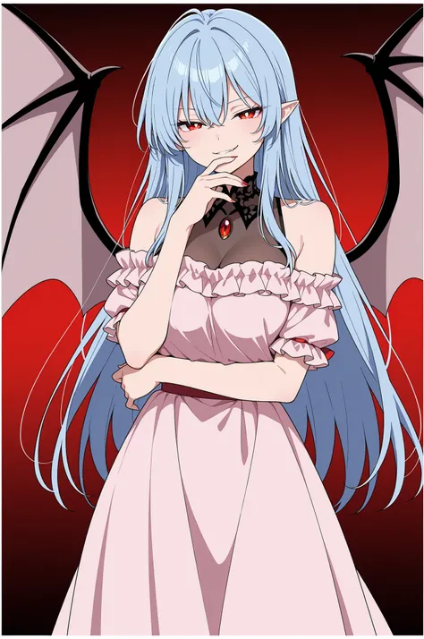 masterpiece, best quality, amazing quality, very aesthetic, safe, \(touhou\), (Remilia Scarlet), 1girl, aged up, half-closed eyes, smirk, [looking at viewer], ojou-sama pose, arm under breasts, alternate hairstyle, long hair, straight hair, bangs, white pu...