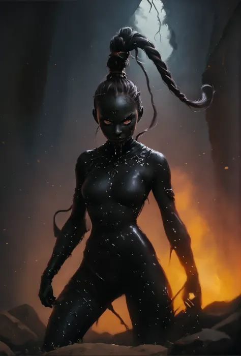 Slender latex slime-bodysuit. Black latex slime-skin-suit/synsuit. Black slime monster-girl. Horror. Cute 18-year-old Asian "venom" slimegirl with big Asian red eyes and slime-braid with white highlights. No mouth. She has a cute and beautiful face in a ti...