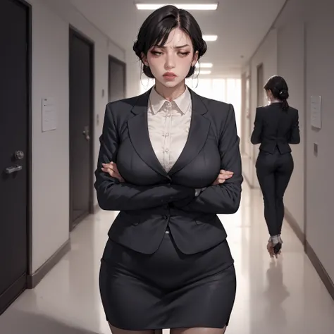 A mature and elegant Japanese woman with fair skin and long black hair in a tight bun, wearing a formal office outfit: fitted gray blazer, white blouse, and a long navy pencil skirt.

She stands upright with her arms crossed firmly, eyes narrowed, clearly ...