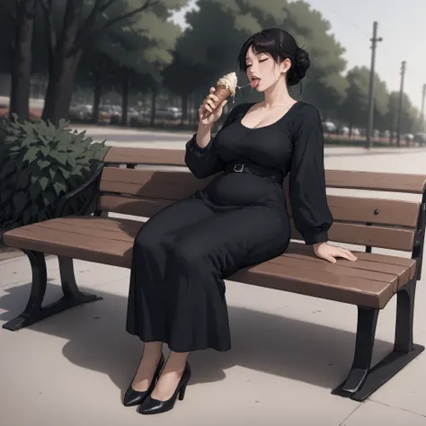 A mature Japanese woman with fair skin and long black hair tied in a loose bun, a few strands framing her face. She is sitting casually on a park bench during the day, holding an ice cream cone and gently licking it with a playful, relaxed expression.

She...