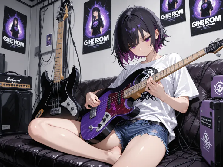 A girl deeply immersed in playing a bass guitar, lounging on a black leather sofa in a live studio backstage room. She has black hair with purple mesh highlights, styled in a medium, slightly messy cut. She wears a graphic print T-shirt, denim hot pants, a...