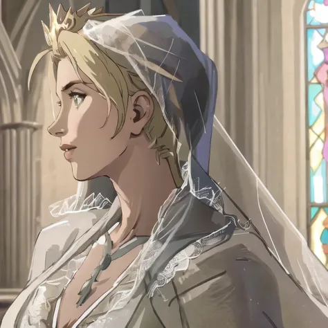 (masterpiece, best quality:1.3)
  
MortalSonyaBlade,  1girl, solo, blonde hair, wearing a very poofy wedding dress, bridal veil, queen crown, inside a church, blonde hair tied in braided ponytail, picture zoomed out slightly to reveal massive skirt of her ...
