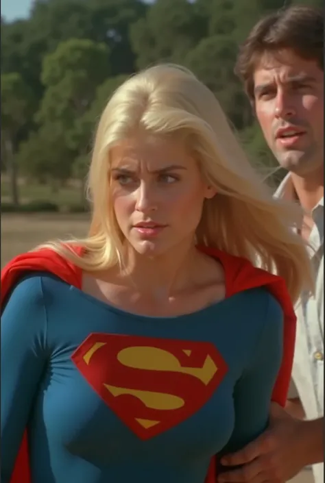Helen Slater as supergirl、Adorable beauty with long blonde hair, She is wearing long-sleeved blue tight-fitting clothes, In the chest "S" emblem、short pleated red skirt and gold supergirl belt, tall red boots with gold toes , and a long red cape. 
((Superg...
