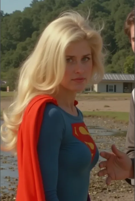 Helen Slater as supergirl、Adorable beauty with long blonde hair, She is wearing long-sleeved blue tight-fitting clothes, In the chest "S" emblem、short pleated red skirt and gold supergirl belt, tall red boots with gold toes , and a long red cape. 
((Superg...