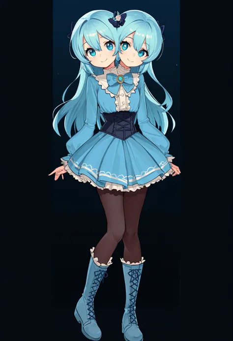 ((best quality), (high quality), (detailed), (masterpiece), good artist, 1girl, (2heads:1.5), ((long waist-length aqua blue hair:1.5)), ((long hair:1.5)),((frilly sky blue and cyan dress with a large waist ribbon)), (a lace-up bodice with a large chest bow...