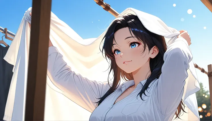 Woman Drying White Sheets,Laundry, Sheets Hanging on Strung Ropes Blow in the Wind, Blue Sky, refreshing表情,Talented Housekeeper, High Quality,photographic,Realistic,4K,HDR,Studio Lighting,Extremely Detailed Description,professional,vivid colors,Bokeh lands...