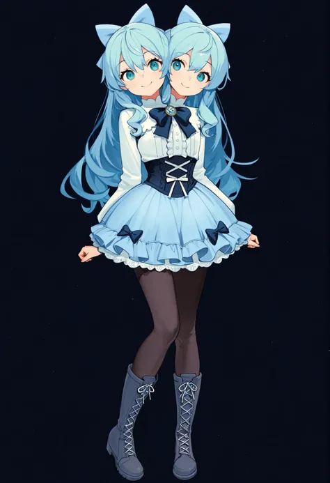 ((best quality), (high quality), (detailed), (masterpiece), good artist, 1girl, (2heads:1.5), ((long waist-length aqua blue hair:1.5)), ((long hair:1.5)),((frilly sky blue and cyan dress with a large waist ribbon)), (a lace-up bodice with a large chest bow...