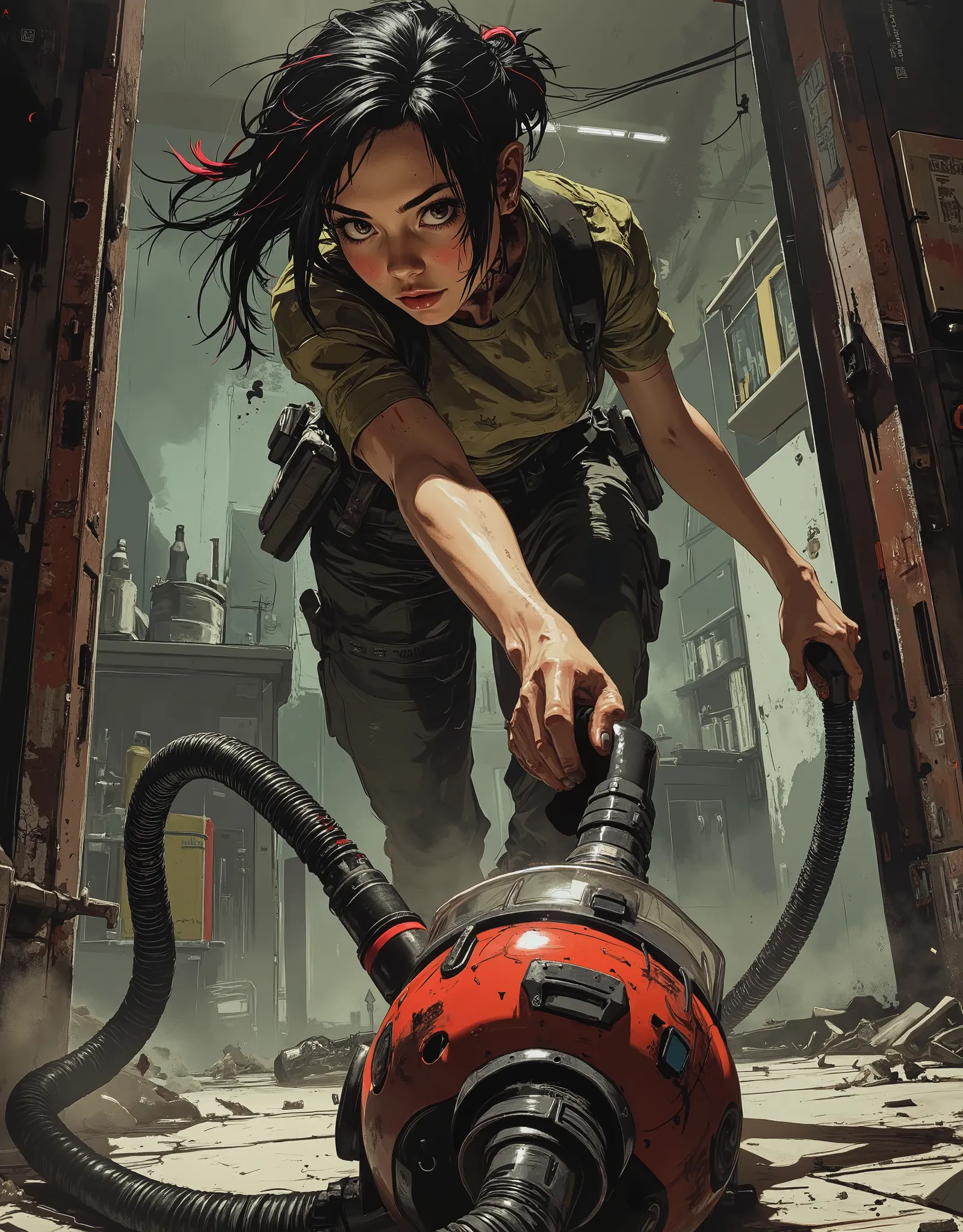 1 beautiful housewife girl with a vacuum cleaner in her hands,martial movement, mid-movement, active cleaning, graphite apartment background, frightening dusty aura, dynamic, high resolution, looking at the viewer, high resolution, masterpiece, accurate, a...