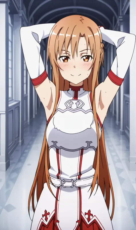 masterpiece, best quality, amazing quality, anime screencap, anime coloring, 1girl, solo, Yuuki Asuna, Yuuki Asuna SAO costume, White Armor, White plate, White isolated sleeve, (character), clothes made of latex, latex clothes, long hair, detached sleeves,...