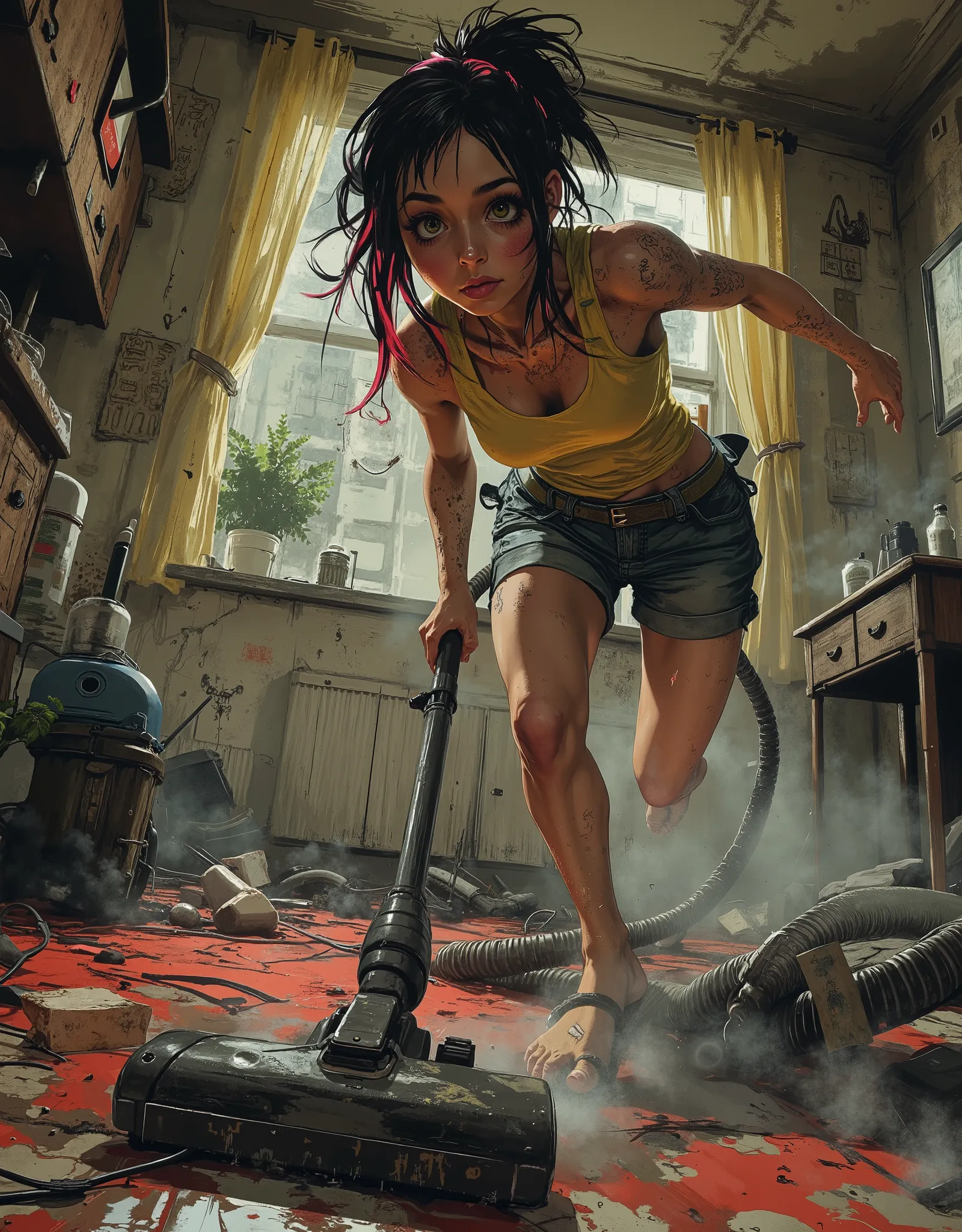 1 beautiful housewife girl vacuums a dusty carpet,militant movement, mid-movement, active cleaning, graphite apartment background, frightening dusty aura, dynamic, high resolution, looks at the viewer, high resolution, masterpiece, accurate, anatomically c...