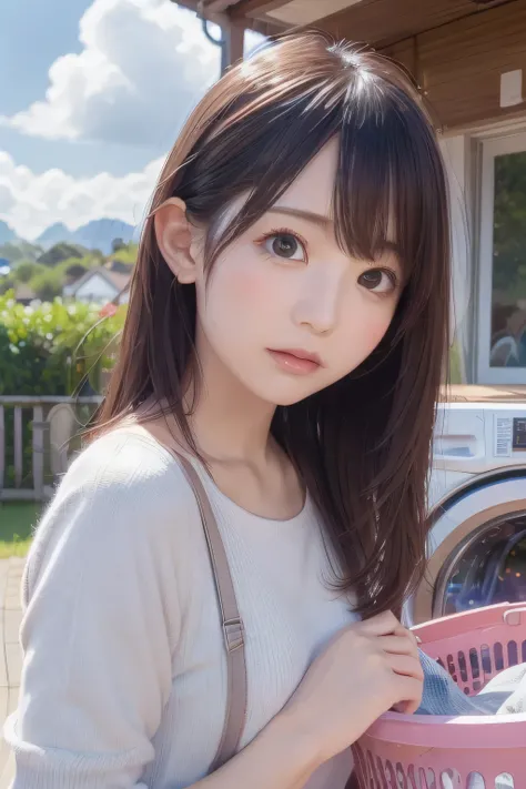 8k, raw photo, best quality, hires, realistic, photorealistic, extremely detailed 8k wallpaper, beautifully detailed eyes, finely detailed face,
 break 
professional lighting, bokeh,
 break 
perfectly anatomically correct:1.2,
 break 
blue sky, coastal ver...