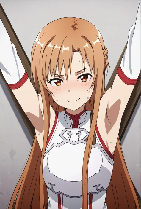 masterpiece, best quality, amazing quality, anime screencap, anime coloring, 1girl, solo, Yuuki Asuna, Yuuki Asuna SAO costume, White Armor, White plate, White isolated sleeve, (character), long hair, detached sleeves, bare shoulders, arms out, restrained,...