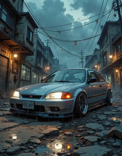 Precise and detailed. A tuned 1998 Honda civic coupe. On a low suspension. Silvery. Heavy. The wheels are turned out. Wide tires. The glass is covered with protective steel strips. Sandy. Dismal. Dark. A post-apocalyptic thriller. Rainy. Minimalistic and G...