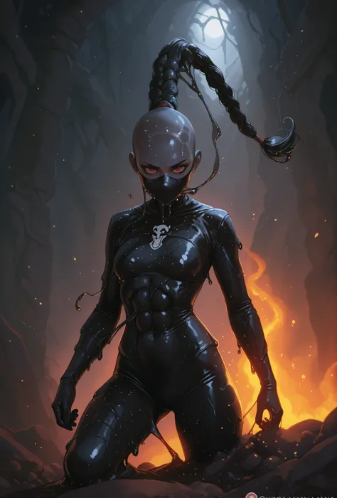 Slender latex slime-bodysuit. Black latex slime-skin-suit/synsuit. Asian black slime monster-girl. Aztec monster-girl. Horror. Cute 18-year-old Asian "venom" slimegirl with big Asian red eyes; she is bald and has only a slime-braid with white highlights. N...