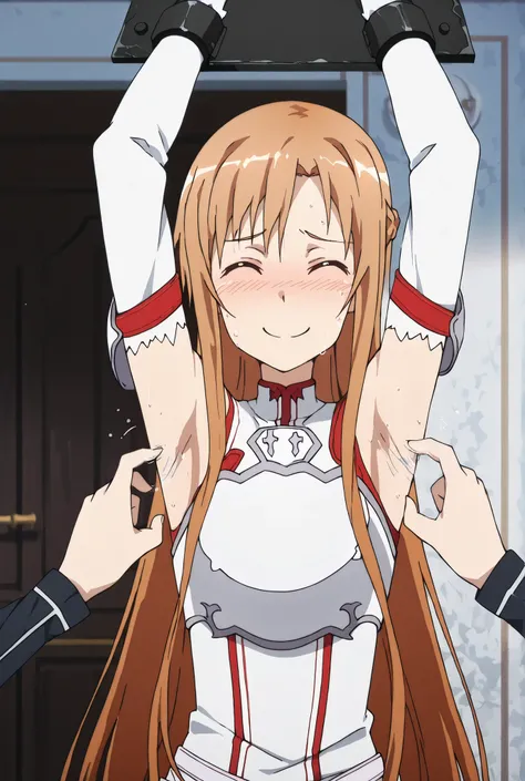 masterpiece, best quality, amazing quality, anime screencap, anime coloring, 1girl, solo, Yuuki Asuna, Yuuki Asuna SAO costume, White Armor, White plate, White isolated sleeve, (character), long hair, detached sleeves, bare shoulders, arms out, restrained,...