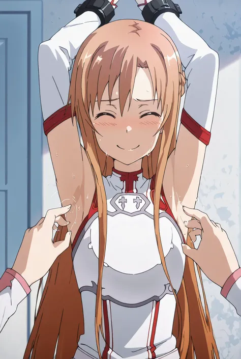 masterpiece, best quality, amazing quality, anime screencap, anime coloring, 1girl, solo, Yuuki Asuna, Yuuki Asuna SAO costume, White Armor, White plate, White isolated sleeve, (character), long hair, detached sleeves, bare shoulders, arms out, restrained,...