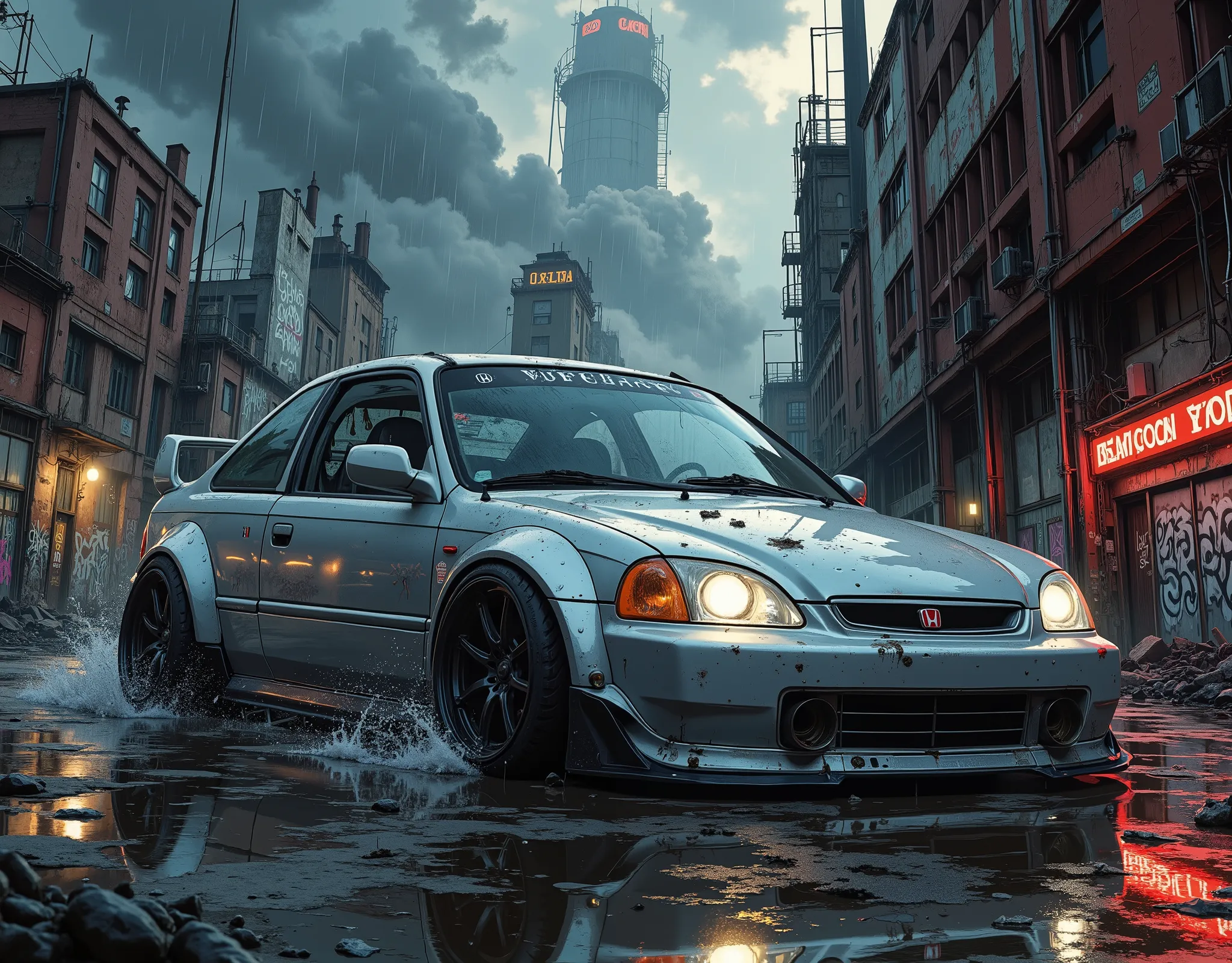 Precise and detailed. A tuned 1998 Honda Civic coupe. On a low suspension. Sparkling. Silvery. Heavy. The wheels are turned outwards. The tires are wide. The windows are tinted. Dynamic. The middle of the movement. A stylish shot. Rainy. Industrial urban...