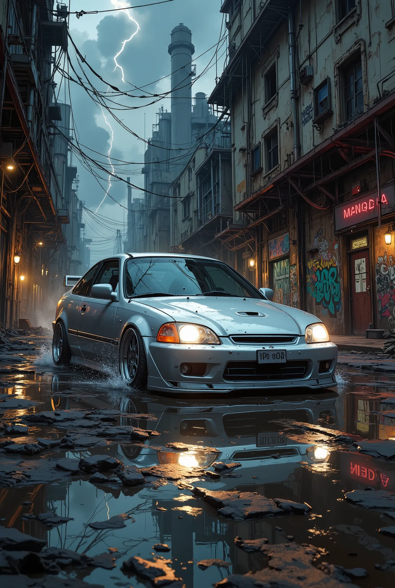 Precise and detailed. A tuned 1998 Honda Civic coupe. On a low suspension. Sparkling. Silvery. Heavy. The wheels are turned outwards. The tires are wide. The windows are tinted. Dynamic. The middle of the movement. A stylish shot. Rainy. Industrial urban...