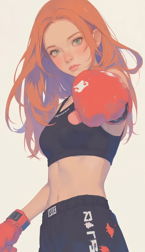 young woman is depicted in a dynamic athletic pose with smooth lines and playful yet intense style, at first glance mid-punch. Her Long,  As she moves , bright reddish brown hair flowing behind her. her focused expression、suggests determination and confide...