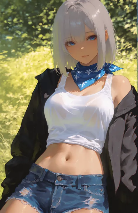Portrait of a Girl, Grey Hair, Blue Eyes,black jacket, white translucent tank top,navel,denim shorts, blue bandana around the neck,Natural Light, Outdoors, green background, Sunny, is depicted with precision down to the smallest detail, professional, high...