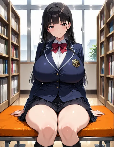 (masterpiece, 8k, Ultra High Resolution, absurd:1.2), 1 Japanese woman, 10th Generation, (long black hair in the library, straight hair, blunt bangs), beautiful character design in the library, perfect contrast, anatomically accurate, perfect face, Beautif...