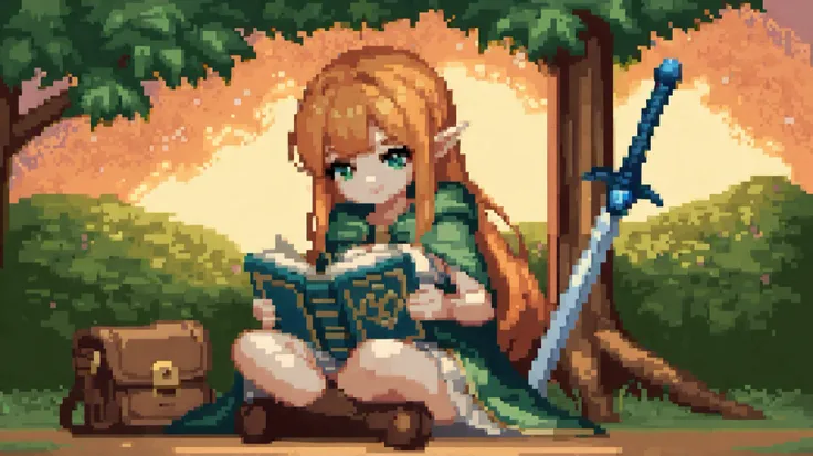 A fantasy pixel art scene of a young girl with Zelda-inspired clothing, sitting peacefully under a lush green-leafed tree during sunset. She is leaning gently against the tree trunk, absorbed in reading an old, magical book resting in her lap. Beside her l...