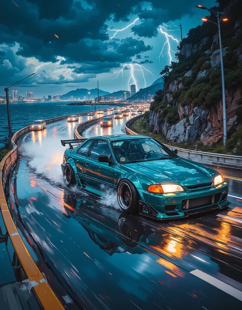 heavy rain, night, tuned 1998 Honda civic coupe, low suspension, sparkling, in color: RAL 6004
Blue-green dark metallic, heavy, wheels turned outwards, tires wide, tinted windows, dynamic, in the middle of traffic, racing at maximum speed along a winding h...