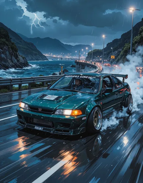 heavy rain, night, tuned 1998 Honda civic coupe, low suspension, sparkling, in color: RAL 6004
dark metallic blue-green, heavy, wheels turned outwards, tires wide, tinted windows, male silhouette at the wheel, dynamic, in the middle of traffic, racing at ...