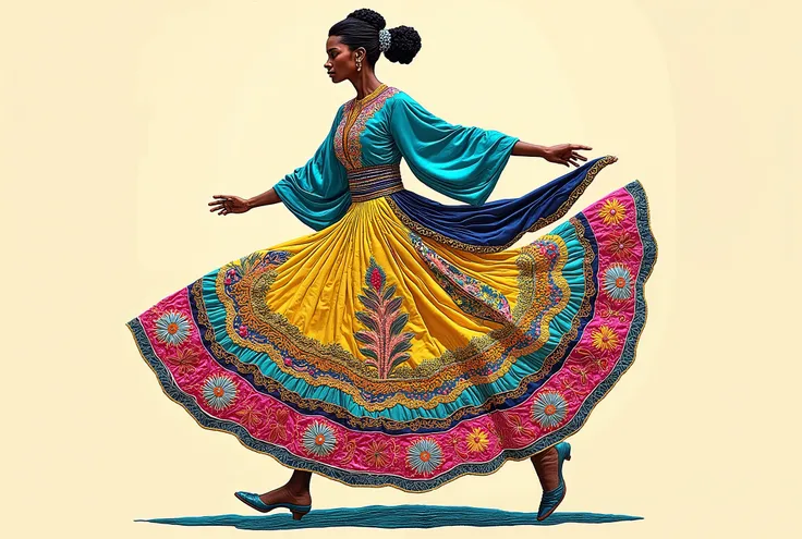 Realistic flat-lay in a colorful Kochi-style dress with sky blue, yellow, and pink embroidery, full figure in motion, dynamic composition, clear cultural outfit details, 2:3 vertical, vibrant lighting