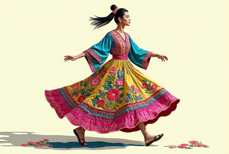 Realistic flat-lay in a colorful Kochi-style dress with sky blue, yellow, and pink embroidery, full figure in motion, dynamic composition, clear cultural outfit details, 2:3 vertical, vibrant lighting
