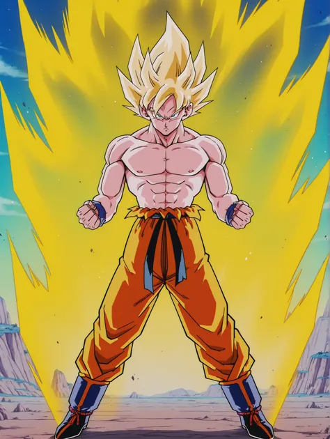 fullbody shot, 1boy, Son Goku /(Dragon Ball Z/), solo, super saiyan, yellow aura, blonde hair, spiked hair, angry, standing, shirtless, orange dougi, blue wristband,blue  boots, looking at viewer, namek scenary, Unbelievable high resolution,  top quality, ...