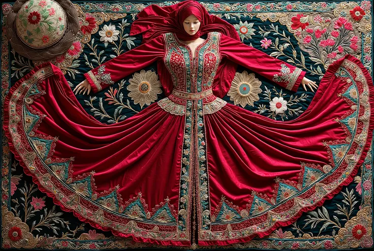 “A highly detailed, traditional Afghan Kochi dress for women, vibrant red and turquoise colors, hand-embroidered floral and geometric patterns, mirror work, flowing skirt, long sleeves, head scarf, photographed in soft daylight, on a mannequin or laying fl...