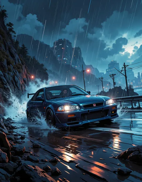 heavy rain, night, tuned 1998 Honda civic coupe, low suspension, sparkling, in color: RAL 5020 dark metallic Oceanic blue , heavy, wheels turned out, tires wide, tinted windows, male silhouette at the wheel, dynamic, in the middle of traffic, racing at top...