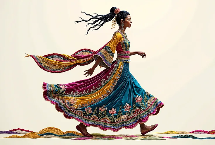 Realistic flat-lay in a colorful Kochi-style dress with sky blue, yellow, and pink embroidery, full figure in motion, dynamic composition, clear cultural outfit details, 2:3 vertical, vibrant lighting