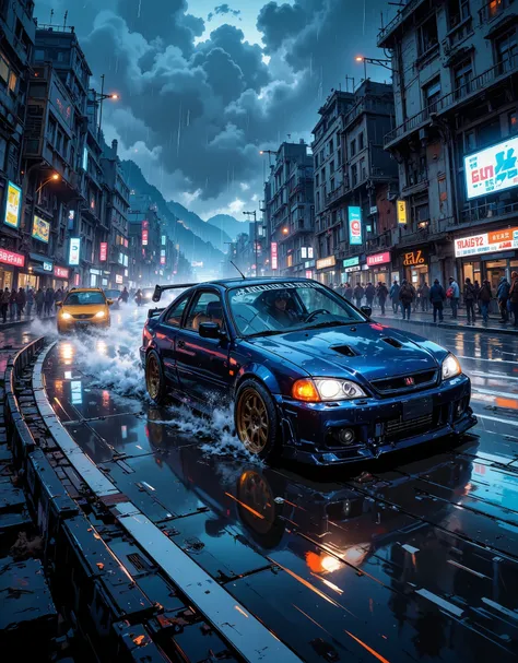 heavy rain, night, tuned 1998 Honda civic coupe, low suspension, sparkling, in color: RAL 5020 dark metallic Oceanic blue , heavy, wheels turned out, tires wide, tinted windows, male silhouette at the wheel, dynamic, in the middle of traffic, racing at top...