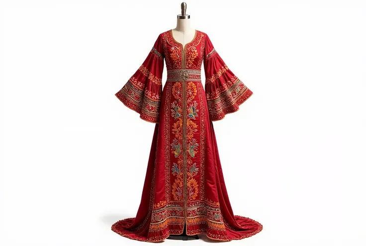 Traditional Afghan Kochi dress displayed on a mannequin, full-length view, detailed embroidery in red, orange, and gold, bell sleeves and flowing skirt, mirror work accents, white studio background, sharp lighting, vertical 2:3, fashion catalog style