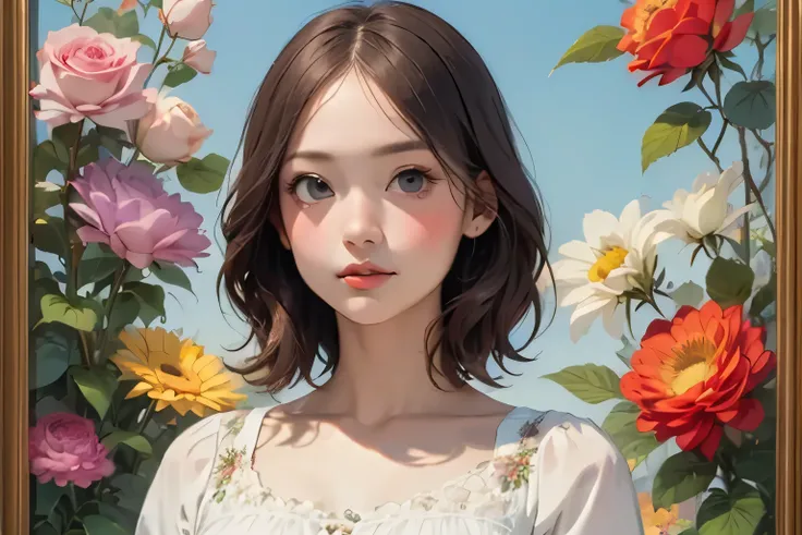 395 ((young woman)),(short hair),(Neat hair),(Ultra High Definition),(floral dress),(Leonardo da Vinci style paintings)