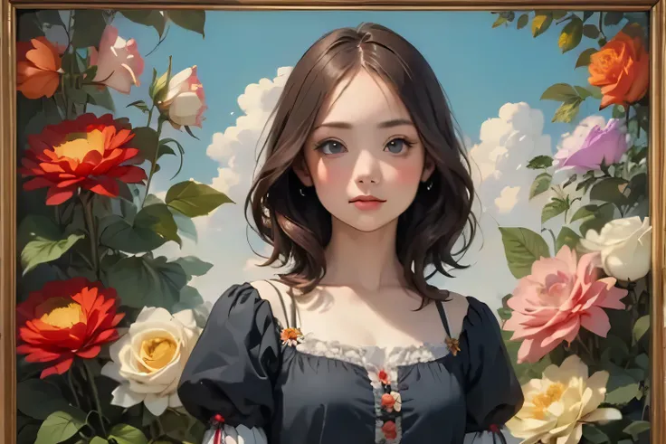 395 ((young woman)),(short hair),(Neat hair),(Ultra High Definition),(floral dress),(Leonardo da Vinci style paintings)
